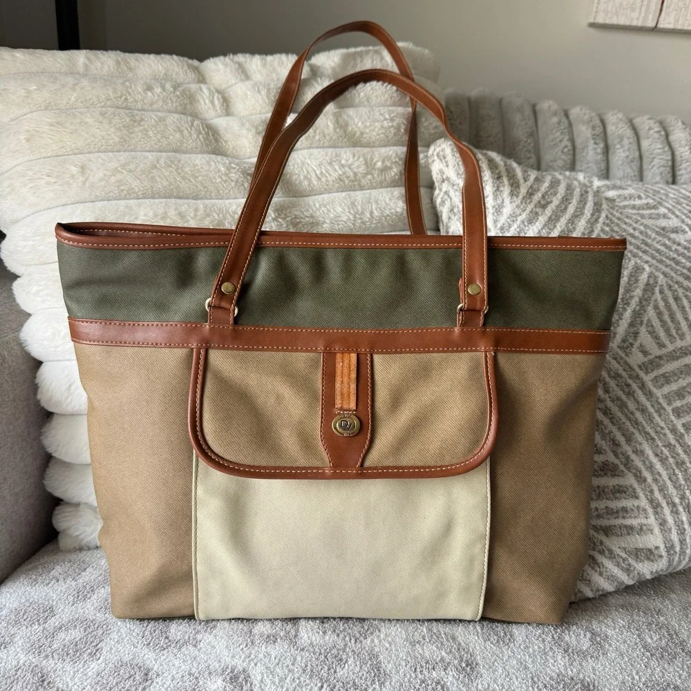 Jackson Canvas Colorblock Tote Bag Brown Olive Tan Dolce Vita‎ Hardware Accent